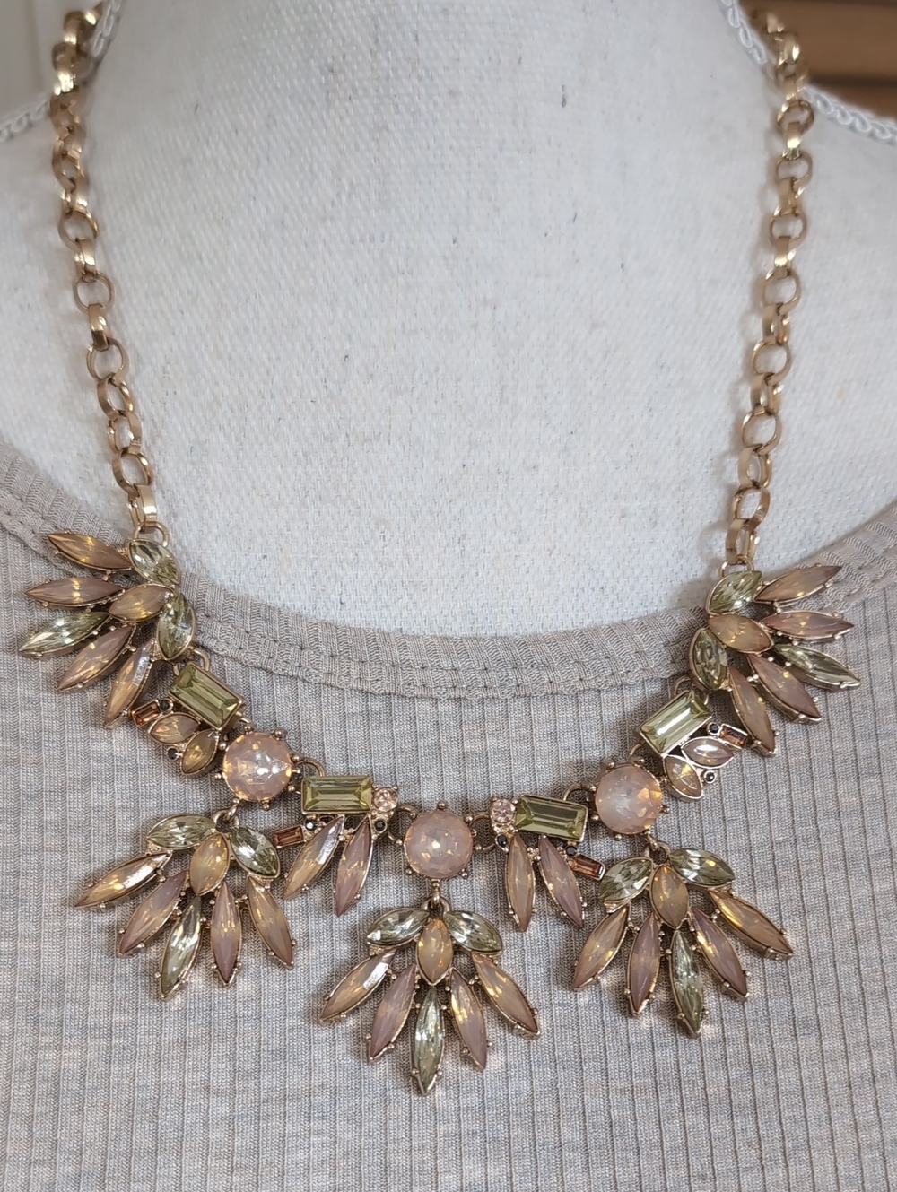 Erica Lyons Gold-Tone Blush Pink and Green  Crystal Statement Necklace NWT